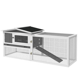 PawHut Hasenstall aus Holz mit 2 Ebenen und Freilaufgehege für Kaninchen und Meerschweinchen wetterfest 156x58x68 cm Hellgrau – Bild 1 von 8