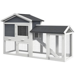 PawHut Hasenstall aus Holz mit 2 Etagen für Kaninchen Grau 147x54x84 cm – Bild 1 von 6