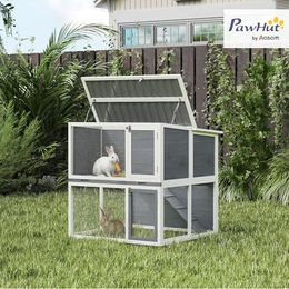 PawHut Hasenstall aus Holz mit 2 Etagen und wetterfestem Dach für Kaninchen Meerschweinchen Chinchilla und Frettchen Grau 98x95x102,5 cm – Bild 1 von 10