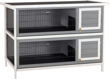 Produktbild von PawHut Hasenstall aus Vollholz mit 2 Ebenen als winterfestes Doppelstockhaus für Kaninchen Meerschweinchen Enten und Hühner in Grau
