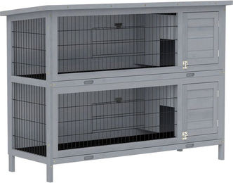 Produktbild von PawHut Hasenstall aus Vollholz mit 2 Ebenen für Kaninchen Meerschweinchen Enten und Hühner grau