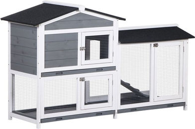 Produktbild von PawHut Hasenstall und Kaninchenstall mit Freilaufgehege und Rampe aus Holz in Grau für Kaninchen und Meerschweinchen
