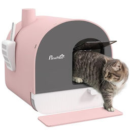 PawHut Haubentoilette für Katzen Rosa aus Kunststoff mit Schaufel und Streu-Matte – Bild 1 von 13