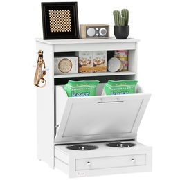 PawHut Haustier-Futterschrank mit Lagerschrank und 2 Edelstahlnäpfen Weiß 61 x 35,5 x 82 cm – Bild 1 von 10