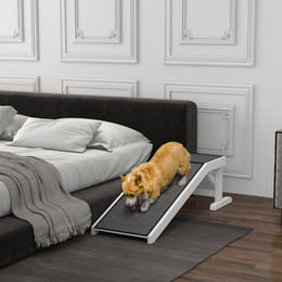 PawHut Haustierrampe aus Holz mit rutschfestem Teppich für Hunde in Weiß und Grau 125 x 40 x 35,5 cm – Bild 1 von 13