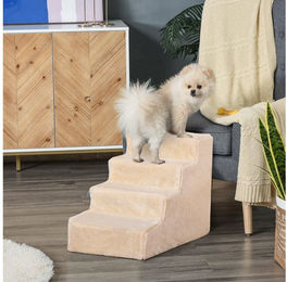 PawHut Haustiertreppe 4-stufige Hunderampe und Katzenrampe aus Plüsch mit abnehmbarem Bezug Beige 60 x 35 x 44 cm – Bild 1 von 5