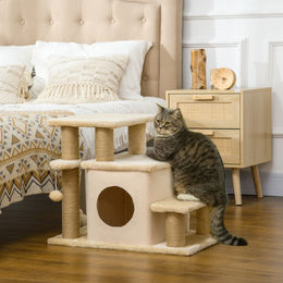 PawHut Haustiertreppe mit Schlafhöhle und Spielball aus Plüsch für Hunde und Katzen, 3/4-stufig, Beige – Bild 1 von 9