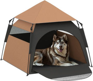 PawHut Haustierzelt Hundehütte und Katzenhaus für große Rassen mit Meshfenster und Sonnendach Dunkelbraun - 1 Stk. – Bild 1 von 10