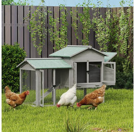 PawHut Hühnerhaus aus Holz mit Freilaufgehege Nistkasten und Rampe für Hühner Kaninchen und Enten in Grau – Bild 1 von 4