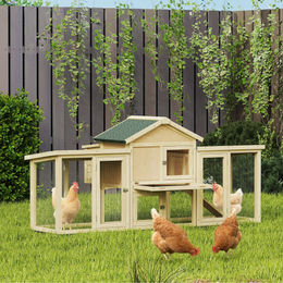 PawHut Hühnerstall aus Holz mit Nistkasten und Auslauf für Hühner, Enten und Kaninchen 204x85x93 cm Naturholz – Bild 1 von 11