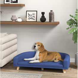 PawHut Hundebett für große Hunde mit Holzbeinen und Sitzkissen aus Polyester in Blau – Bild 1 von 5