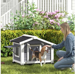 PawHut Hundehütte aus Holz mit Asphaltdach und herausnehmbarem Boden wetterfest Grau 98 x 76 x 69,5 cm – Bild 1 von 5