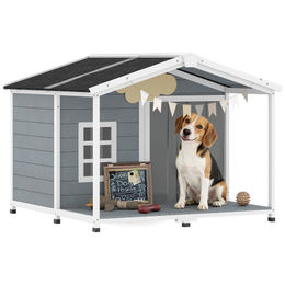 PawHut Hundehütte aus Holz mit Asphaltdach und Terrasse wetterfest Grau für mittelgroße Hunde – Bild 1 von 13