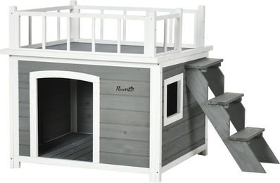 PawHut Hundehütte aus Holz mit Balkon und Fenster für mittlere Hunde in Grau – Bild 1 von 12