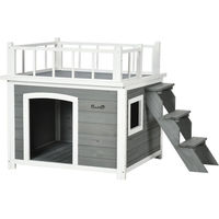 Produktbild von PawHut Hundehütte aus Holz mit Balkon und Fenster für mittlere Hunde in Grau