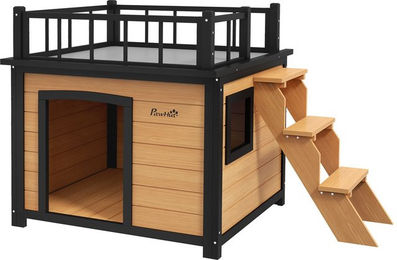 PawHut Hundehütte aus Holz mit Balkon und Treppe, Wasserabweisendes Hundehaus für mittlere Hunde, Gelb/Braun – Bild 1 von 8