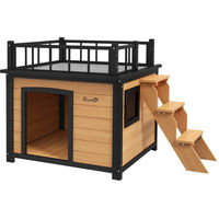 Produktbild von PawHut Hundehütte aus Holz mit Balkon und Treppe, Wasserabweisendes Hundehaus für mittlere Hunde, Gelb/Braun