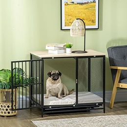 PawHut Hundehütte aus Holz mit Kissen und Paletten, abschließbarer Hundekäfig für mittelgroße Hunde bis 17 kg, Eiche, 88 x 55 x 71 cm – Bild 1 von 6