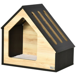 PawHut Hundehütte aus Holz mit Kissen und schrägem Dach für kleine Hunde und Katzen in Kaffee-Braun 60 x 40 x 59,2 cm – Bild 1 von 12