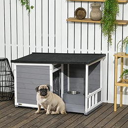 PawHut Hundehütte aus Holz mit Terrasse und 2 Schüsseln für kleine Hunde, wetterbeständig, Grau, 103 x 62 x 60-66 cm – Bild 1 von 8