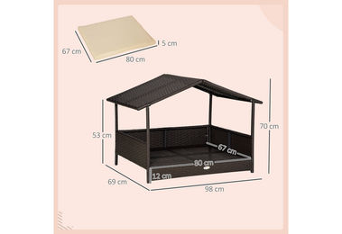 PawHut Hundehütte aus Rattan mit Kissen in Hausform für kleine und mittlere Hunde Braun – Bild 1 von 5