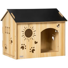 PawHut Hundehütte und Katzenhaus aus Holz mit Lüftungsöffnungen für kleine Rassen und Welpen Eiche Schwarz 69 x 50 x 58,5 cm – Bild 1 von 13