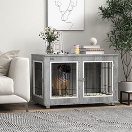 PawHut Hundekäfig als Möbelstück mit 2 Türen und Kissen für mittlere Hunde bis 25 kg in Grau 90 x 58 x 65 cm – Bild 1 von 8