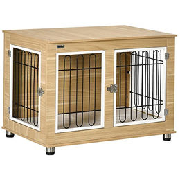 PawHut Hundekäfig als Möbelstück mit Kissen und 2 Türen für mittlere Hunde in Eiche 90 x 58 x 65 cm – Bild 1 von 11