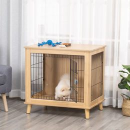 PawHut Hundekäfig aus Holz in Natur als Transportbox im erhöhten Design – Bild 1 von 6