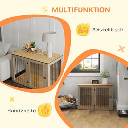 PawHut Hundekäfig Möbel aus Stahl mit Türen und Fenstern für große Hunde bis 31 kg Eiche 106 x 60 x 76 cm – Bild 1 von 7