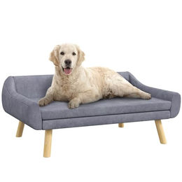 PawHut Hundesofa und Katzensofa mit Rückenlehne und Kissen aus Samt in Grau mit Holzbeinen für mittlere Rassen – Bild 1 von 10