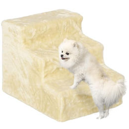 PawHut Hundetreppe mit 3 Stufen für kleine Hunde und Katzen, 35 cm hoch, beige Plüschtreppe mit waschbarem Bezug für Senior-Tiere – Bild 1 von 3