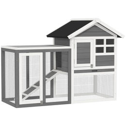 PawHut Kaninchenstall aus Holz mit 2 Etagen und Freilaufgehege Grau-Weiß 123,5x62,6x92,5 cm – Bild 1 von 11