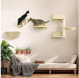 PawHut Katzen-Kletterwand 4-teilig aus Holz mit Katzentreppe, Hängematte und Sprungplatte in Beige – Bild 1 von 6