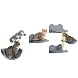 PawHut Katzen Kletterwand 4-teiliges Set aus Holz mit Katzentreppe, Hängematte und Sprungplatte, Grau – Bild 1 von 13