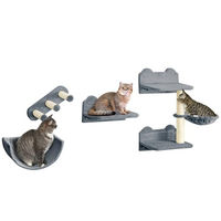 Produktbild von PawHut Katzen Kletterwand 4-teiliges Set aus Holz mit Katzentreppe, Hängematte und Sprungplatte, Grau