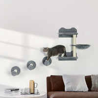 Produktbild von PawHut Katzen Kletterwand 4-teiliges Set mit Kratzbäumen, Sprungturm, Hängematte und Katzentreppe aus Sisal in Grau und Beige