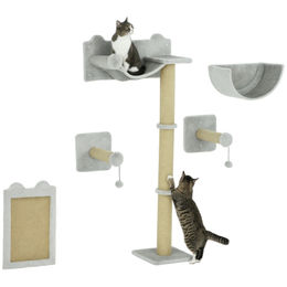 PawHut Katzen Kletterwand 5-teilig mit Kratzsäule und Hängematte aus Polyester Grau – Bild 1 von 13