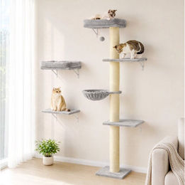 PawHut Katzen-Kletterwand Set 3-teilig mit Kratzbaum und Hängematte Hellgrau – Bild 1 von 1
