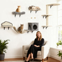 PawHut Katzen Kletterwand Set 4-teilig aus Holz mit Kratzbrett, Bett, Kratzbaum mit Höhle und Leiter in Beige – Bild 1 von 6