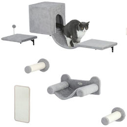 Produktbild von PawHut Katzen Kletterwand Set 6-teilig aus Holz mit Katzenhaus Hängematte und Kratzbrett Grau