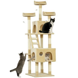 PawHut Katzenbaum Beige mit Kratzstamm, Höhlen und Spielzeug für Katzen – Bild 1 von 1