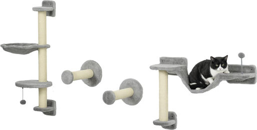 PawHut Katzenbaum-Komplettset zur Wandmontage mit Hängematte und Sisalstamm Grau – Bild 1 von 1