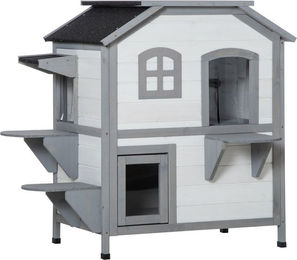 PawHut Katzenhaus aus Holz 2-Etagen Katzenhütte Outdoor mit Asphaltdach und Treppe Weiß 99,5 x 76 x 91 cm – Bild 1 von 6