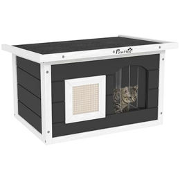 PawHut Katzenhaus aus Holz für Outdoor und Garten mit Kratzmatte und Asphaltdach in Grau 61x45x36,5 cm – Bild 1 von 13