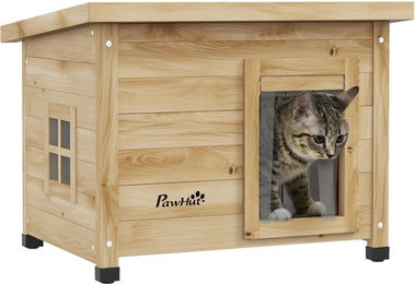 PawHut Katzenhaus aus Holz Gelb wetterfeste Katzenhöhle für Outdoor mit Asphaltdach und Türvorhang 57 x 45 x 43 cm – Bild 1 von 10