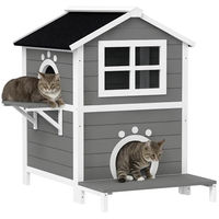 Produktbild von PawHut Katzenhaus aus Holz mit 2 Ebenen und Balkon für 1-2 Katzen, wetterfest, Grau, 66 x 66 x 90 cm