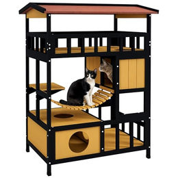 PawHut Katzenhaus aus Holz mit Asphaltdach und Hängebrücke für den Außenbereich Gelb 84 x 60 x 116 cm – Bild 1 von 13