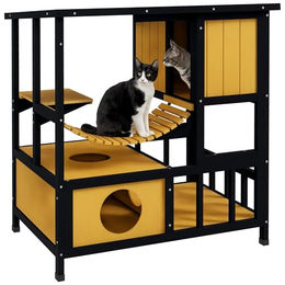 PawHut Katzenhaus aus Holz mit Hängebrücke und Plattform für Katzen in Gelb – Bild 1 von 13