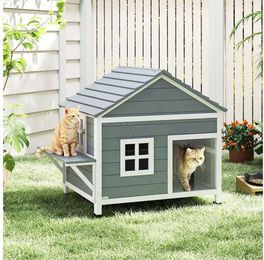 PawHut Katzenhaus aus Holz mit wasserdichtem aufklappbarem Dach und Plattform für 1-2 Katzen Grau – Bild 1 von 5